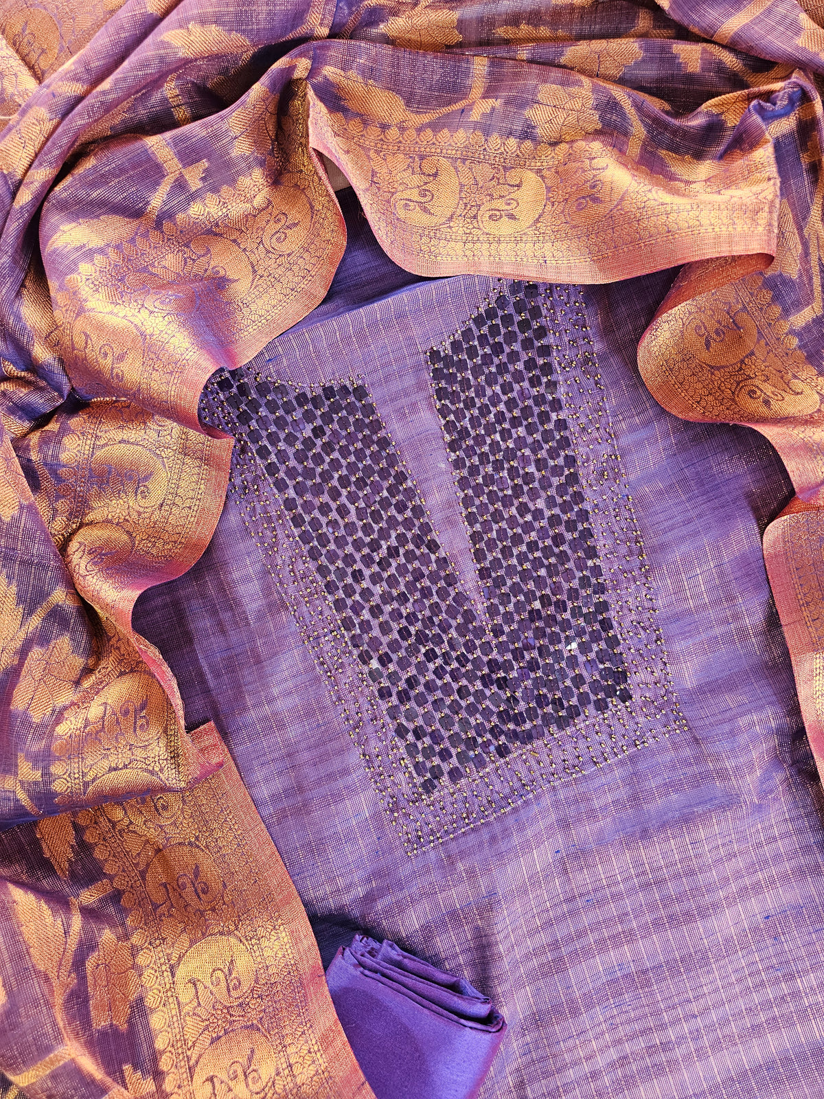 Tissue Unstitched Salwar - Violet with Blue