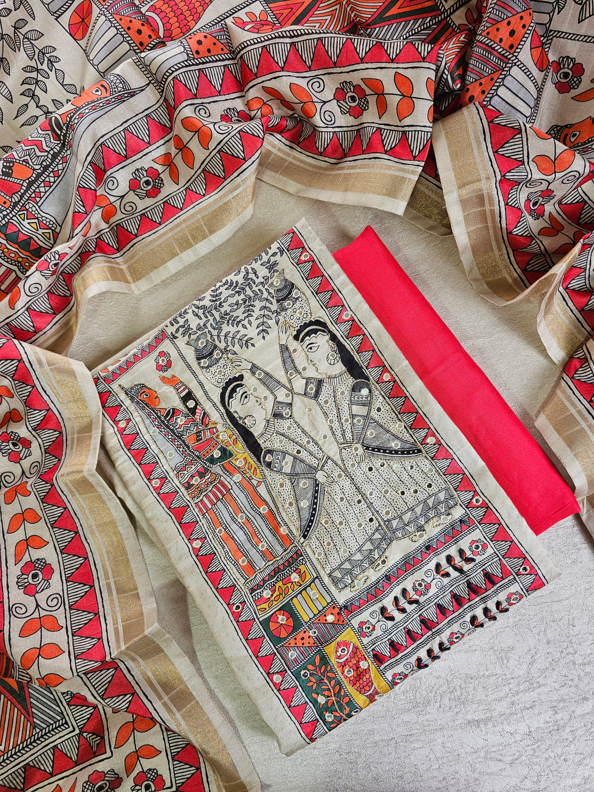Semi Tussar Unstitched Salwar Suit  - Cream with Red