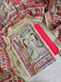 Semi Tussar Unstitched Salwar Suit  - Cream with Red