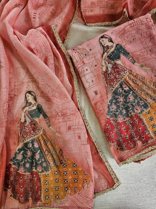Linen Tissue Unstitched Salwar - Peach