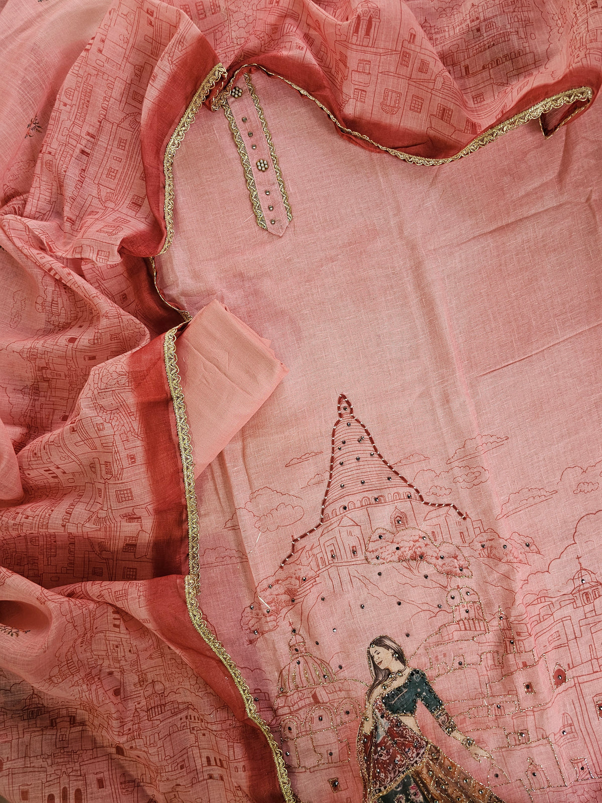 Linen Tissue Unstitched Salwar - Peach