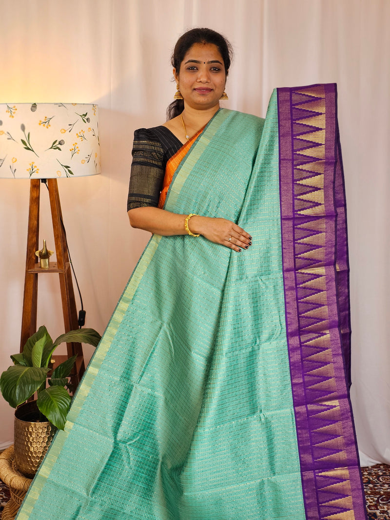 Semi Raw Silk Saree - Teal Green with Purple