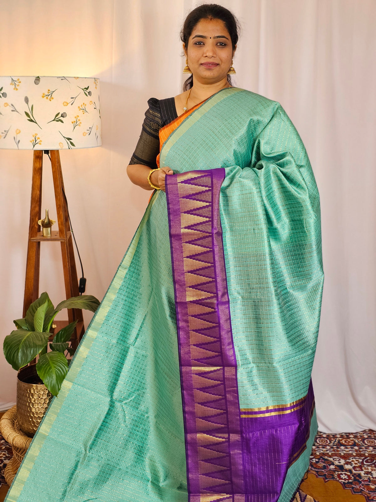 Semi Raw Silk Saree - Teal Green with Purple