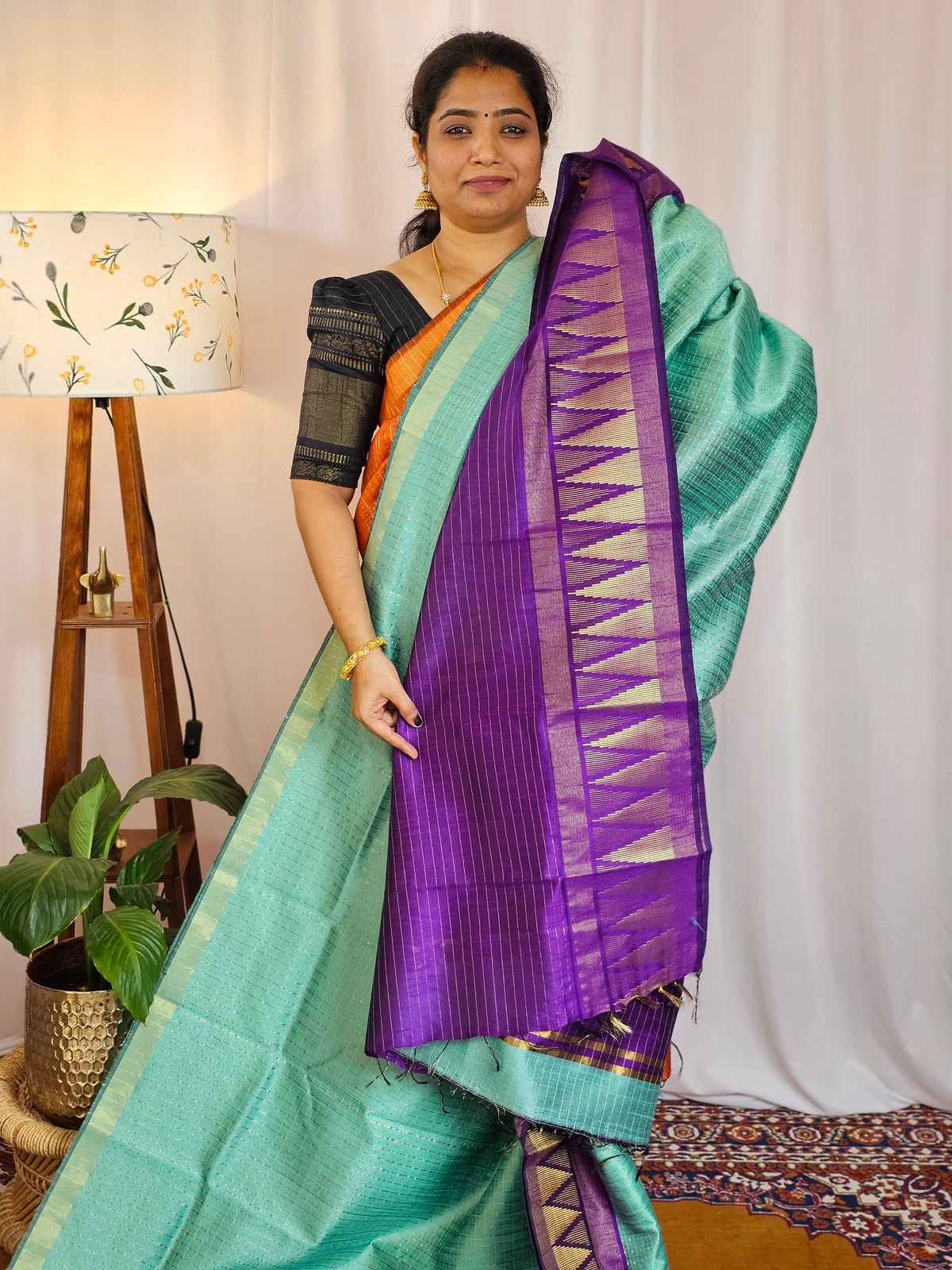 Semi Raw Silk Saree - Teal Green with Purple
