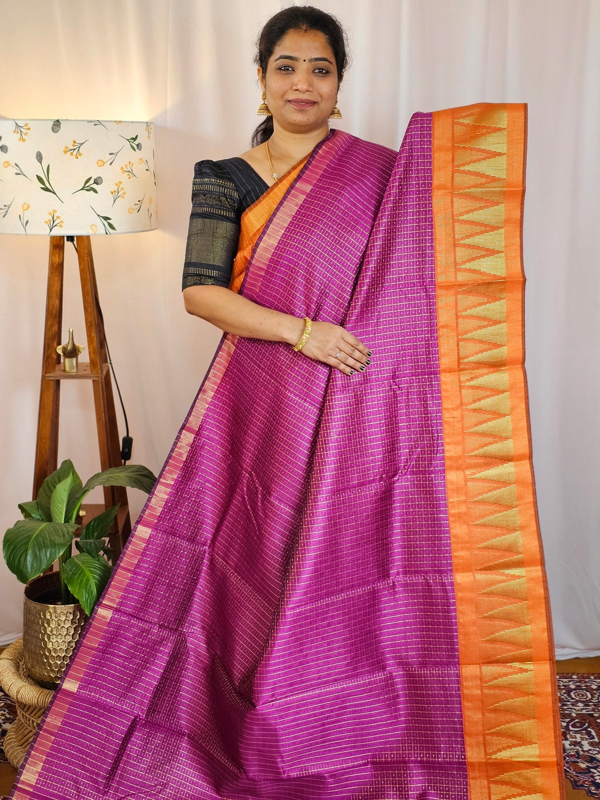 Semi Raw Silk Saree - Magenta Pink with Orange