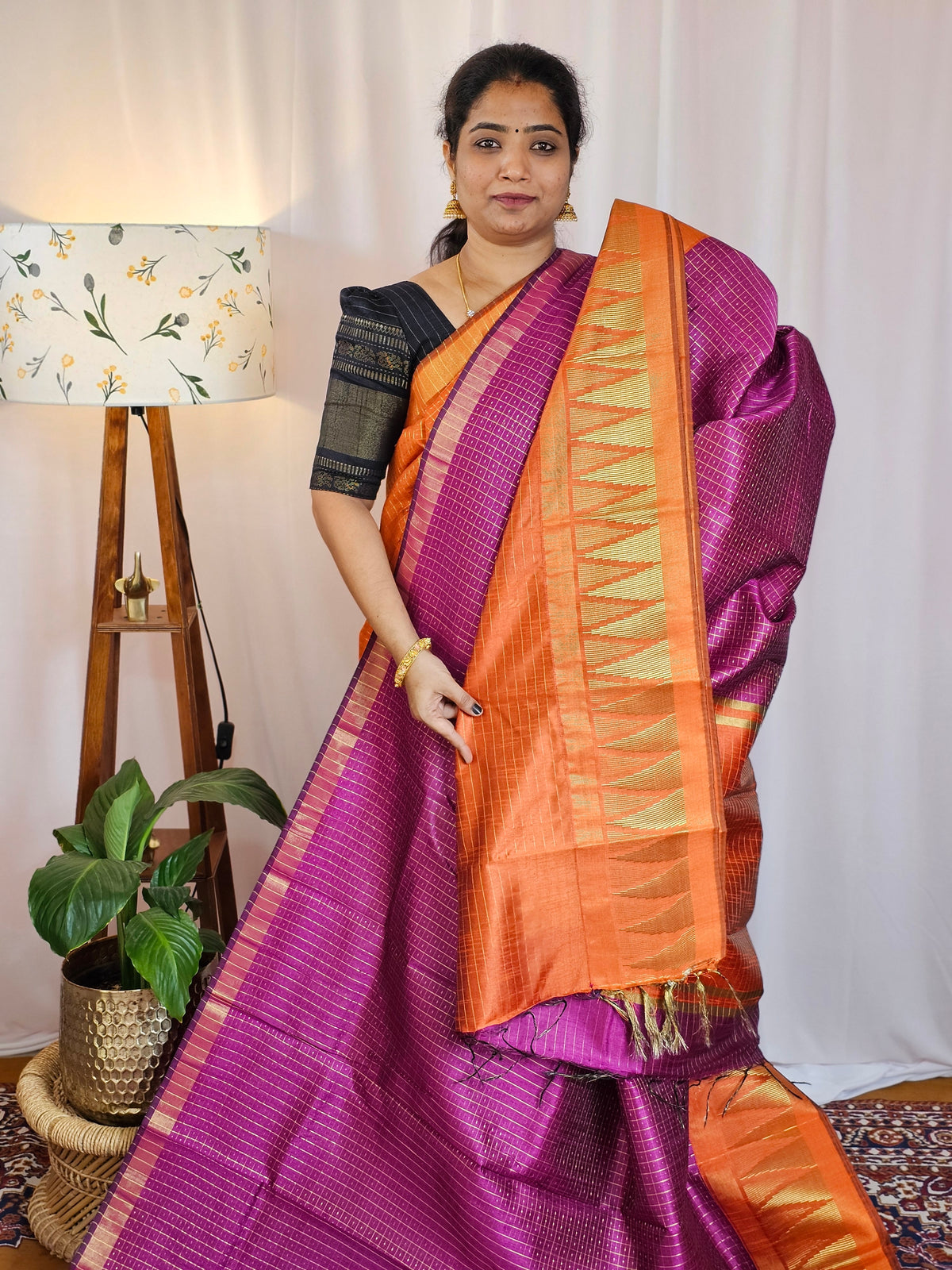 Semi Raw Silk Saree - Magenta Pink with Orange