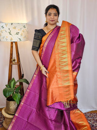 Semi Raw Silk Saree - Magenta Pink with Orange