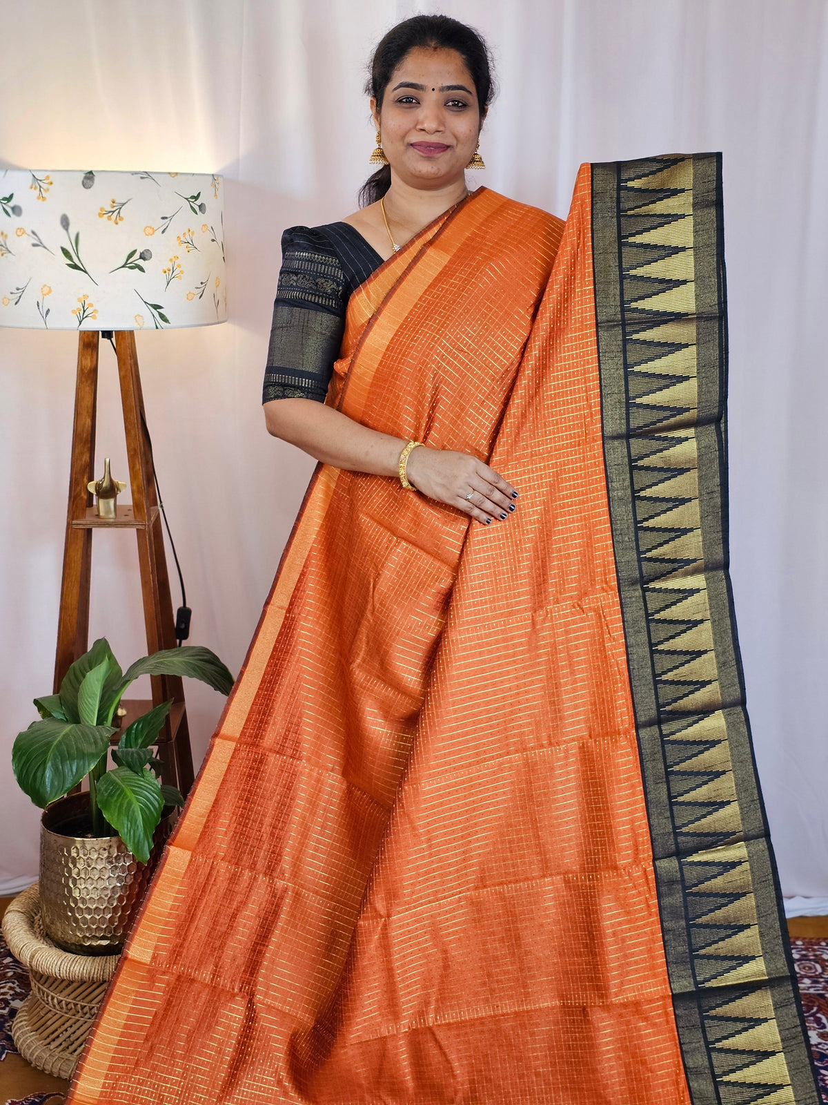 Semi Raw Silk Saree - Orange with Black