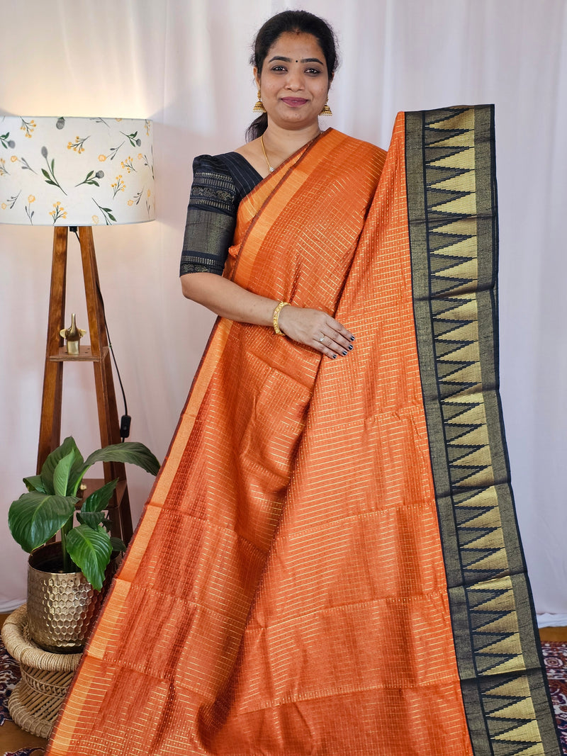 Semi Raw Silk Saree - Orange with Black