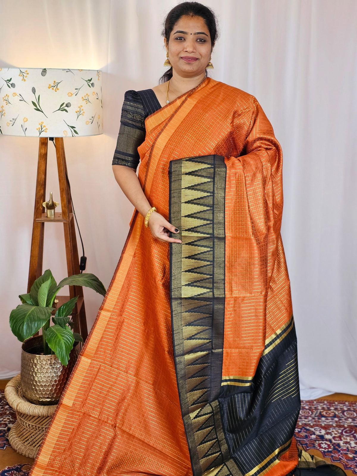 Semi Raw Silk Saree - Orange with Black