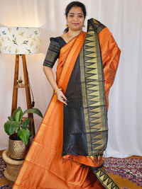 Semi Raw Silk Saree - Orange with Black