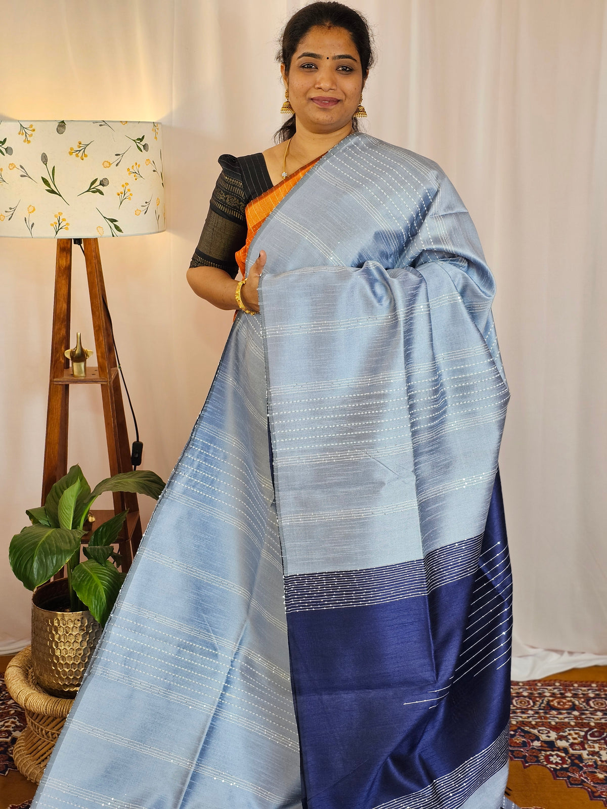 Semi Raw Silk - Blue with Dark Blue