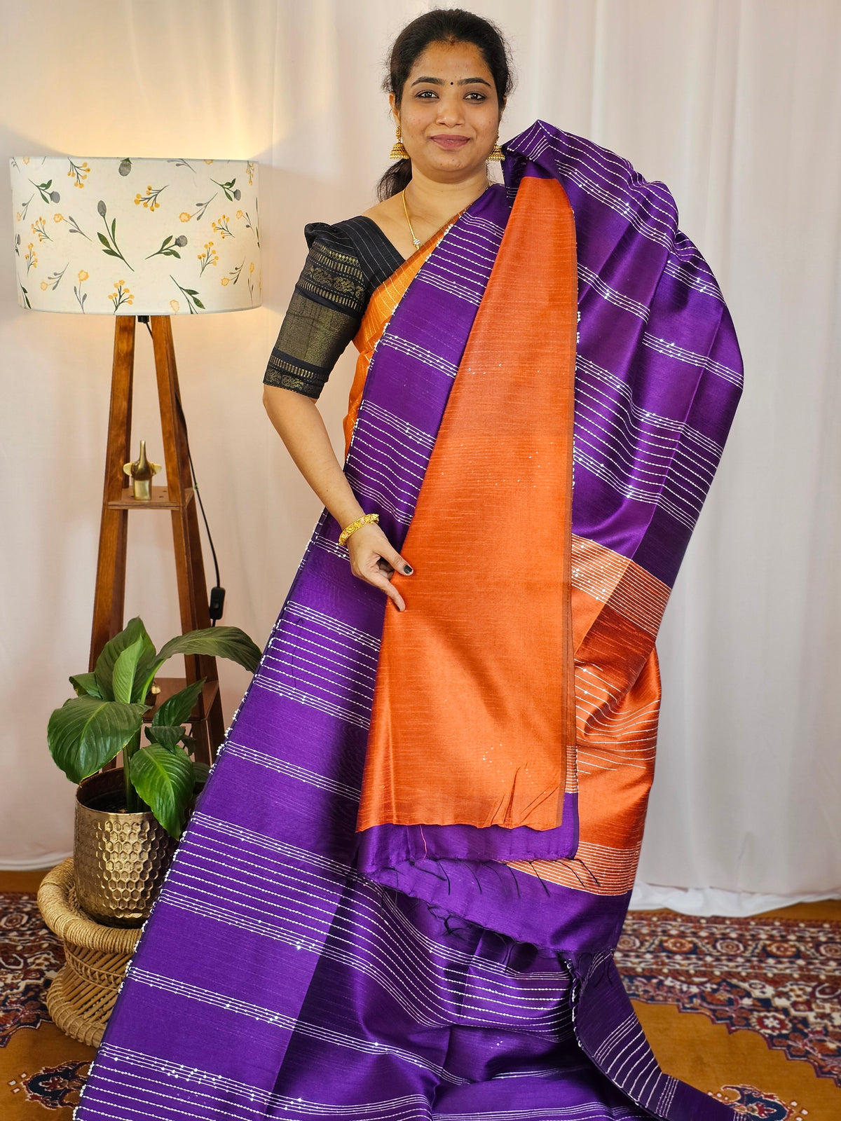 Semi Raw Silk - Purple with Orange