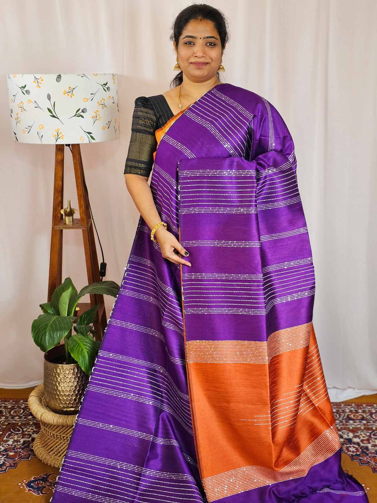 Semi Raw Silk - Purple with Orange