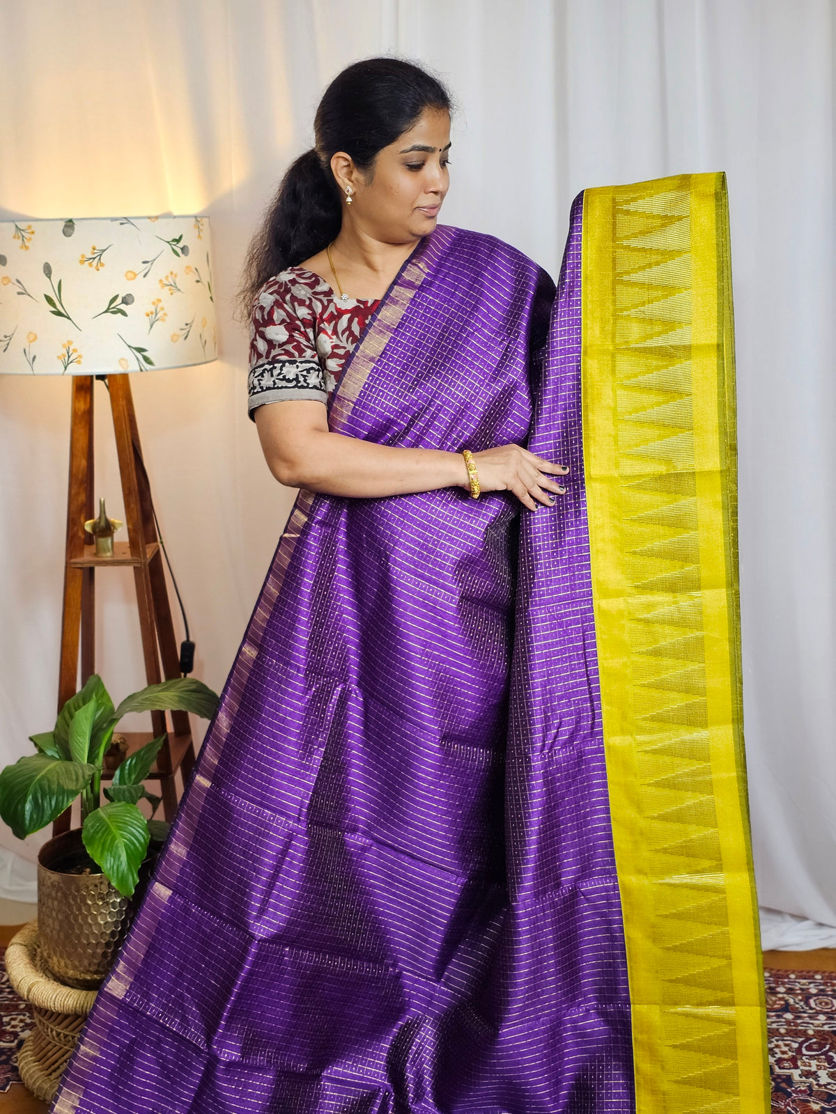 Semi Raw Silk Saree - Purple with Yellow