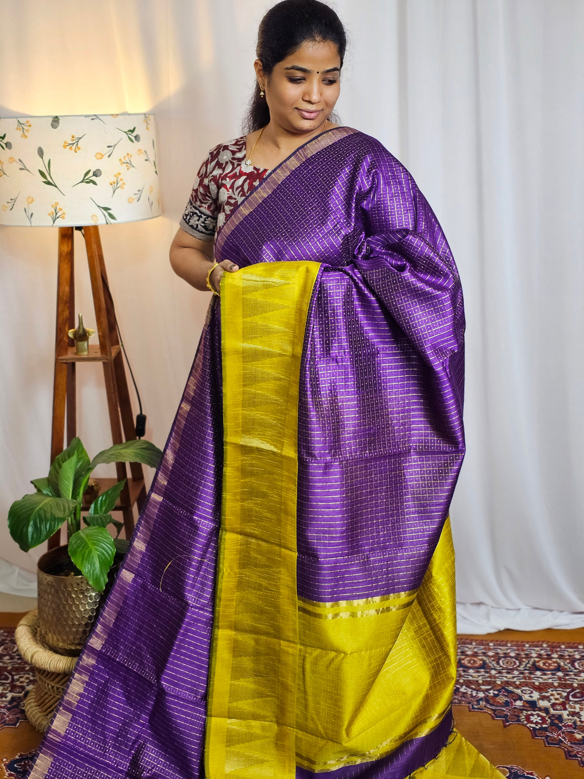 Semi Raw Silk Saree - Purple with Yellow