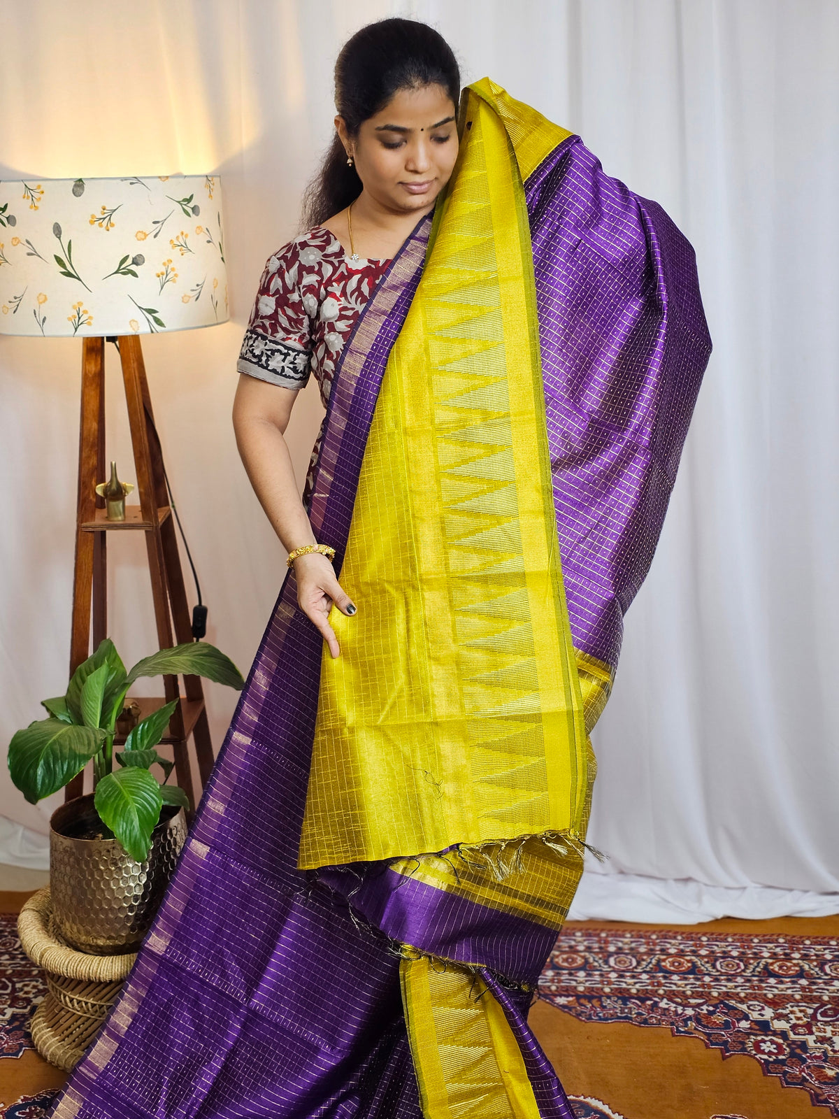 Semi Raw Silk Saree - Purple with Yellow
