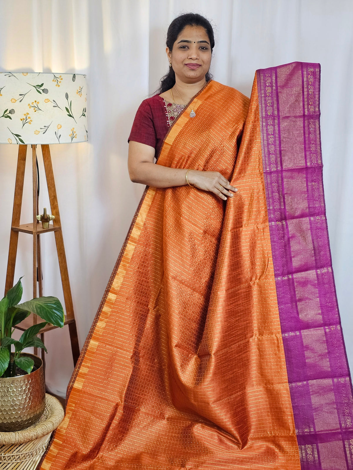 Semi Raw Silk Saree - Orange with Magenta Pink