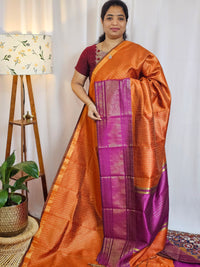 Semi Raw Silk Saree - Orange with Magenta Pink