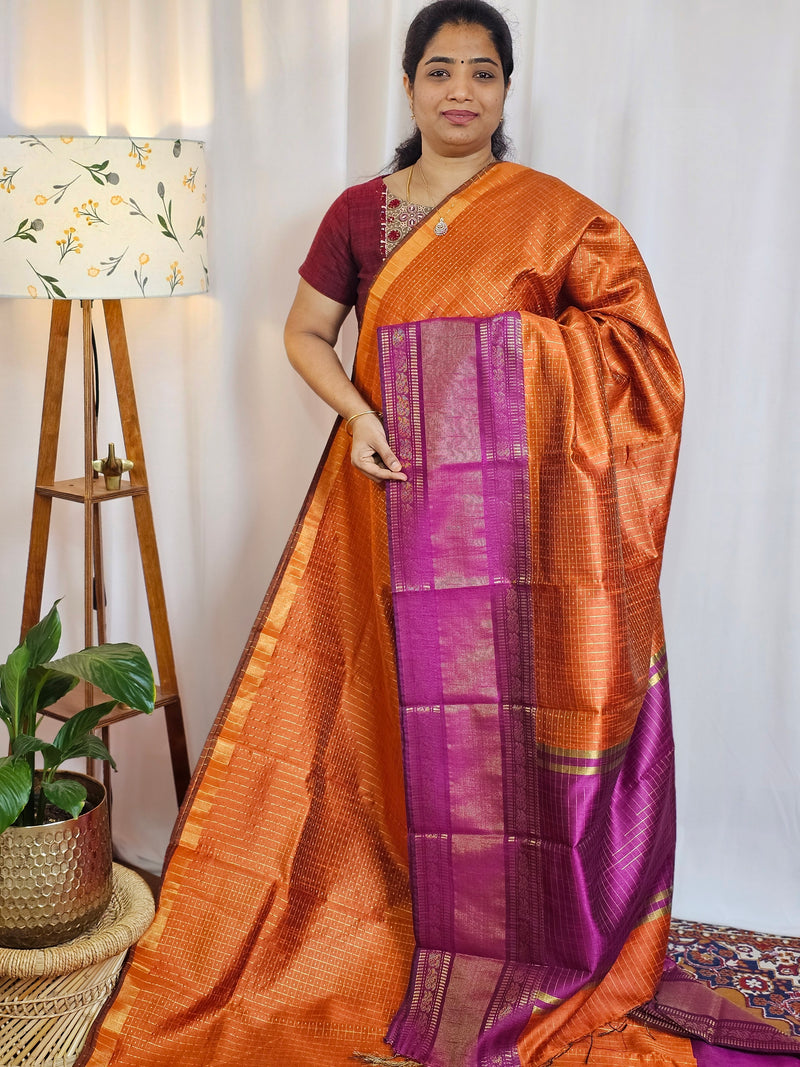 Semi Raw Silk Saree - Orange with Magenta Pink