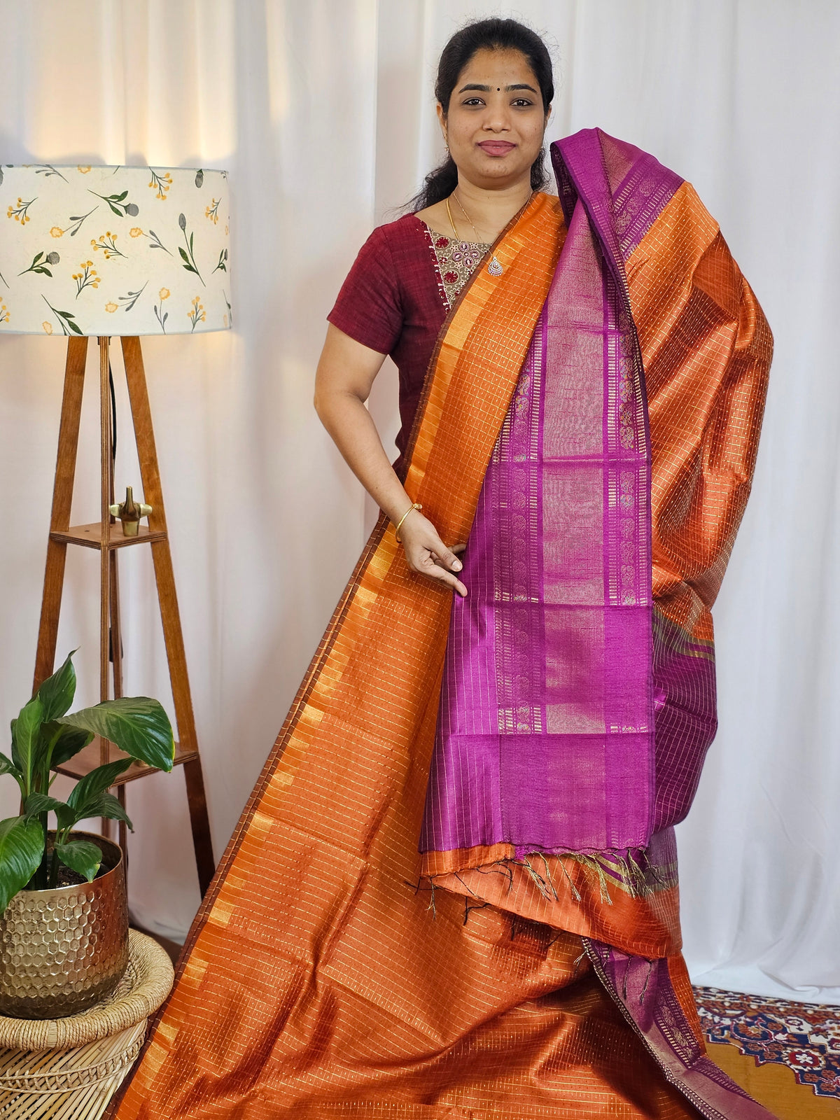 Semi Raw Silk Saree - Orange with Magenta Pink