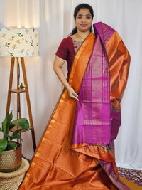 Semi Raw Silk Saree - Orange with Magenta Pink