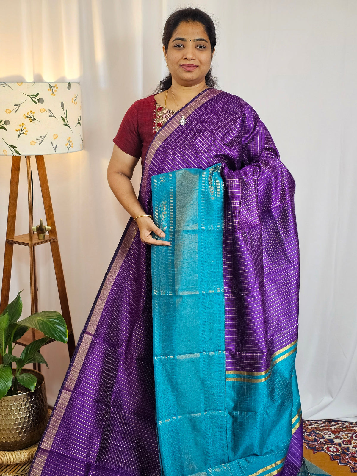 Semi Raw Silk Saree - Purple with Blue