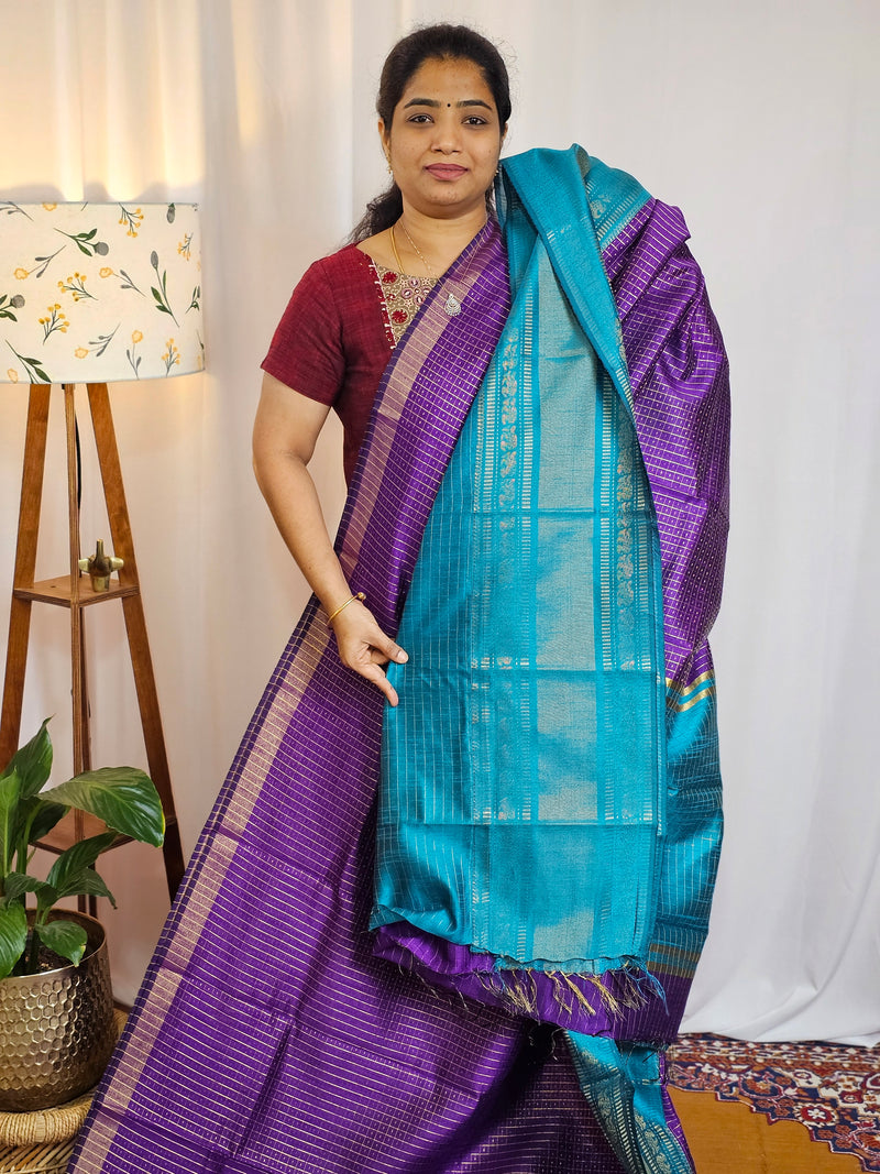 Semi Raw Silk Saree - Purple with Blue