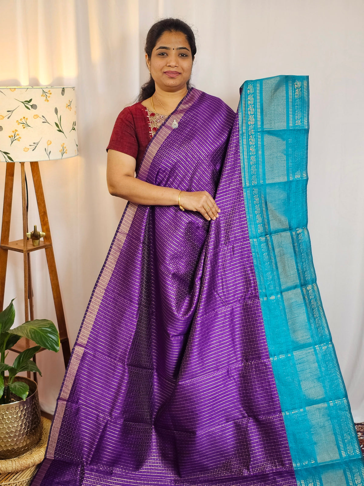 Semi Raw Silk Saree - Purple with Blue