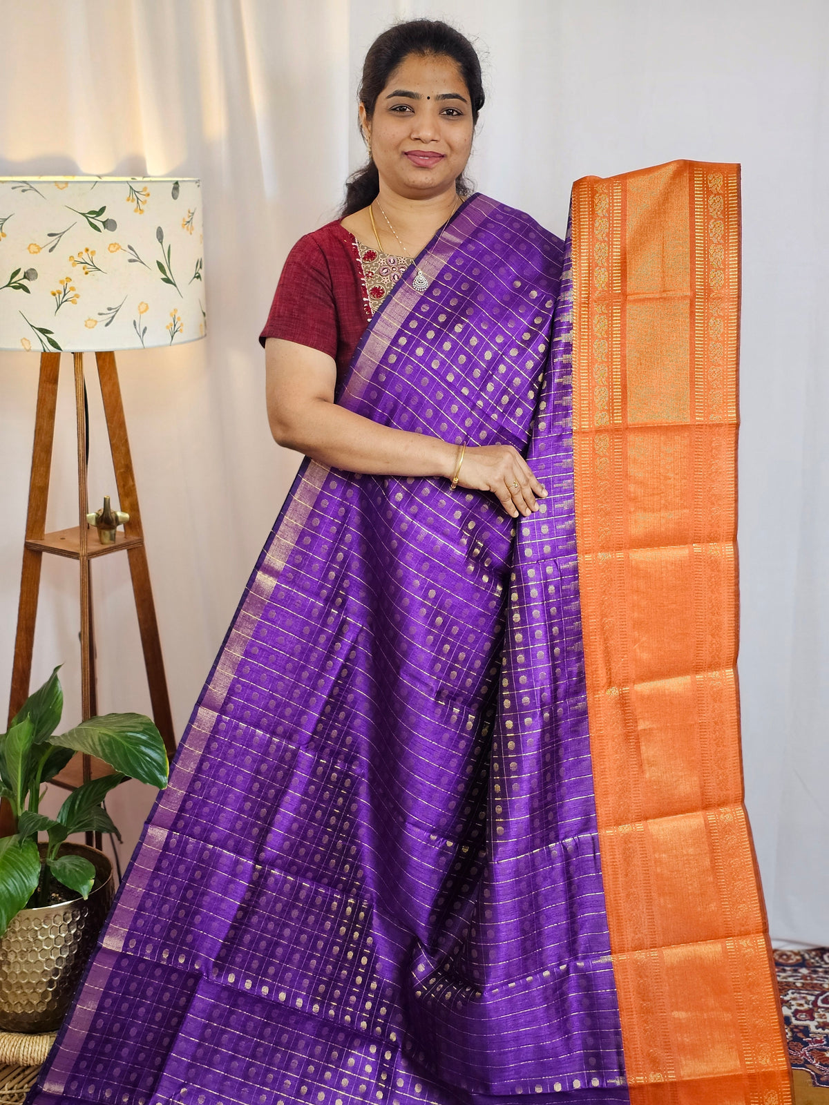 Semi Raw Silk Saree - Purple with Orange