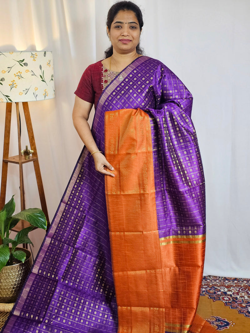 Semi Raw Silk Saree - Purple with Orange