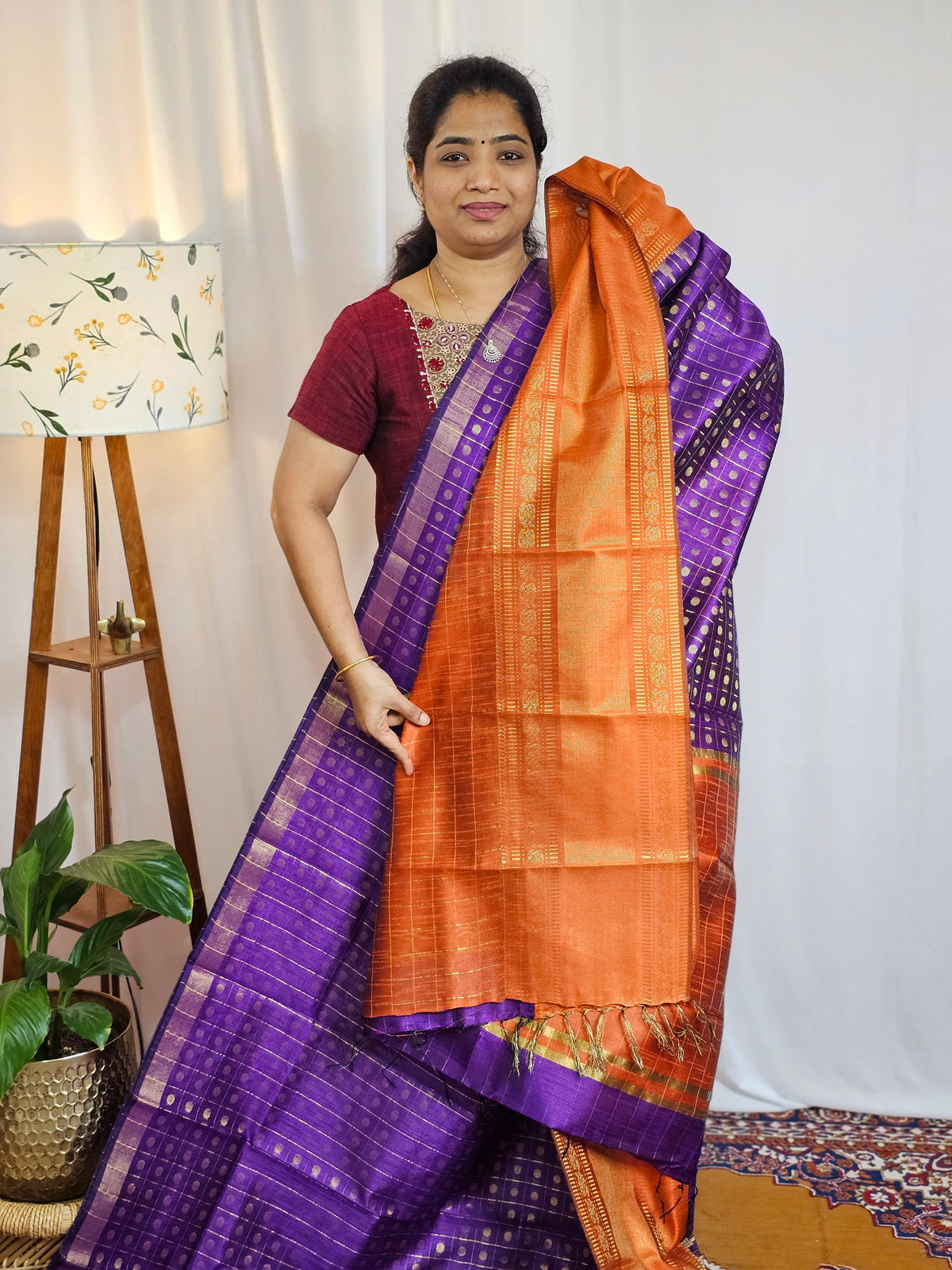 Semi Raw Silk Saree - Purple with Orange