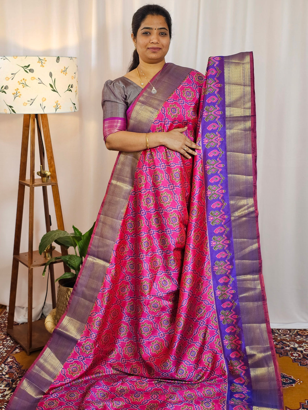 Soft Semi Patola Sarees - Pink with Purple