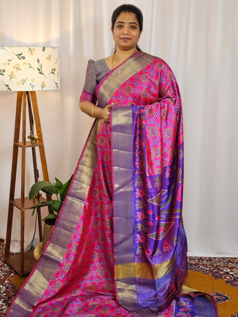 Soft Semi Patola Sarees - Pink with Purple