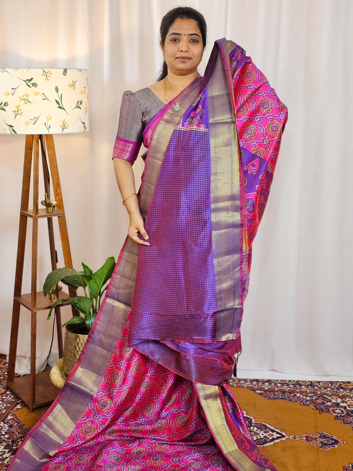 Soft Semi Patola Sarees - Pink with Purple