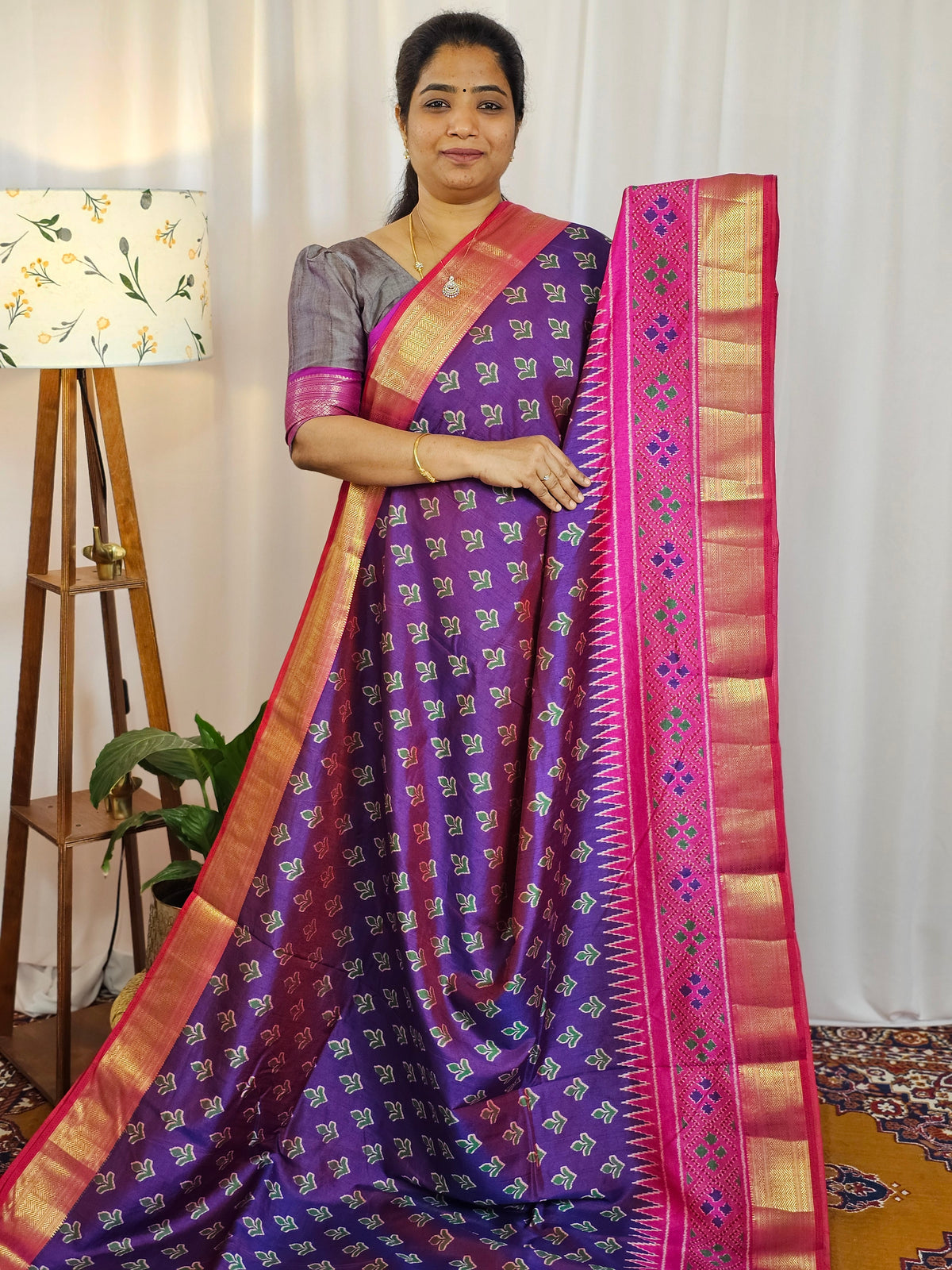 Soft Semi Patola Sarees - Purple with Pink