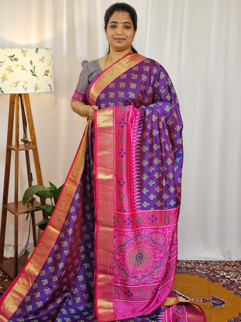 Soft Semi Patola Sarees - Purple with Pink