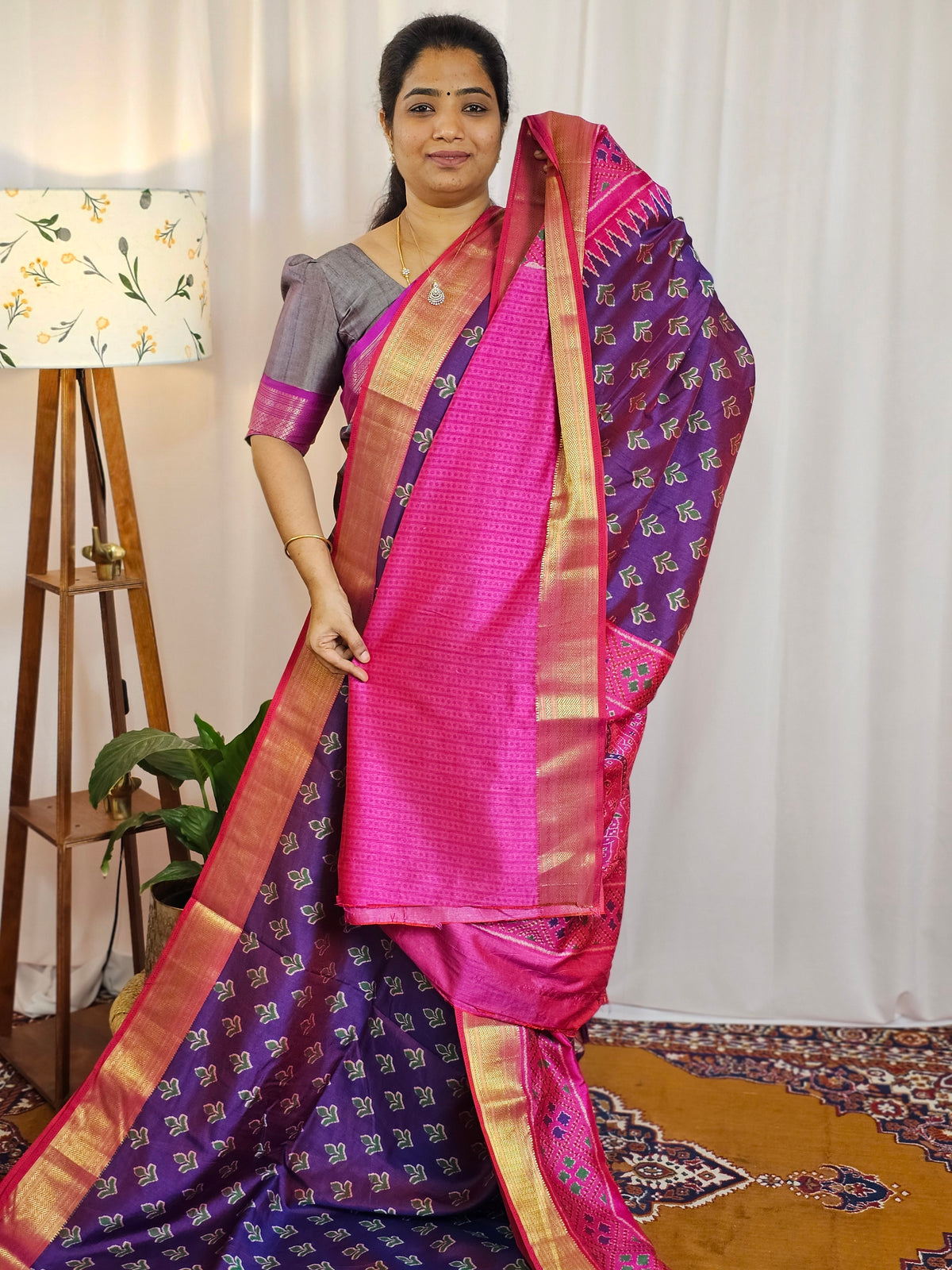 Soft Semi Patola Sarees - Purple with Pink