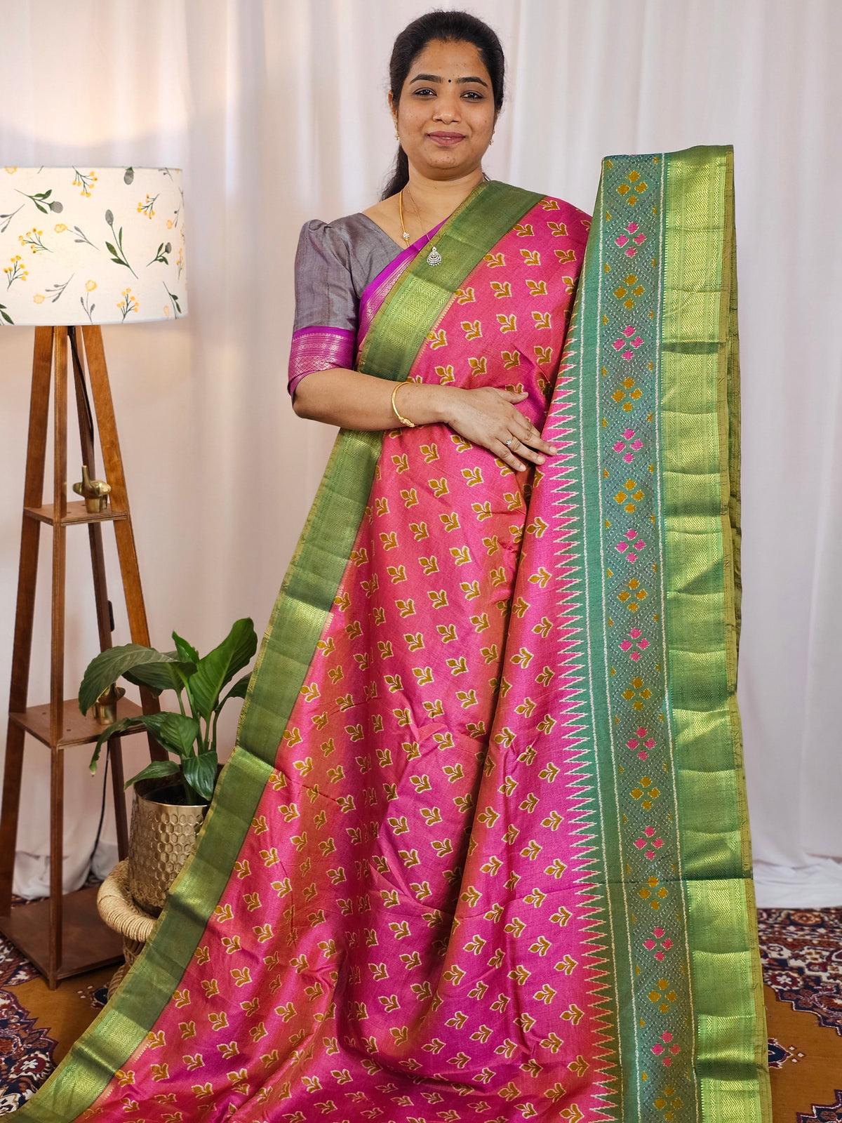 Soft Semi Patola Sarees - Pink with Green