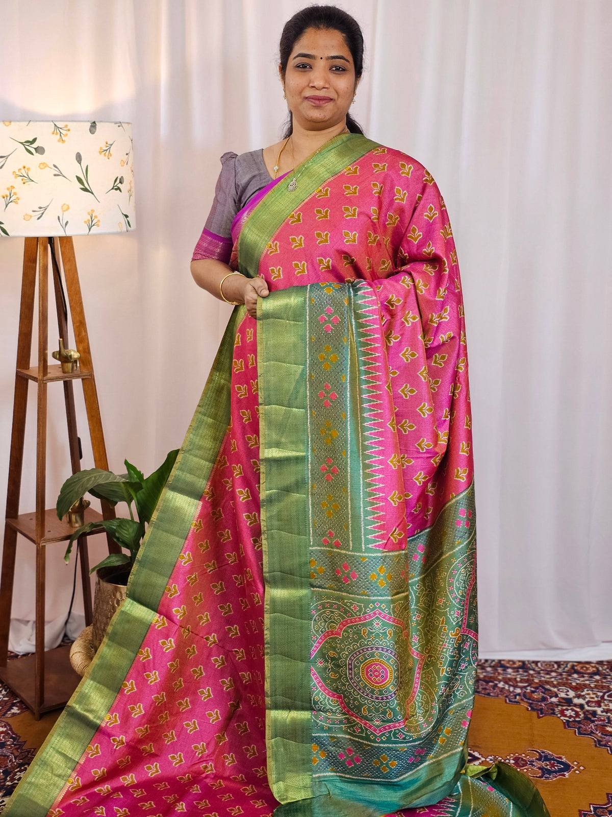 Soft Semi Patola Sarees - Pink with Green
