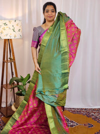 Soft Semi Patola Sarees - Pink with Green