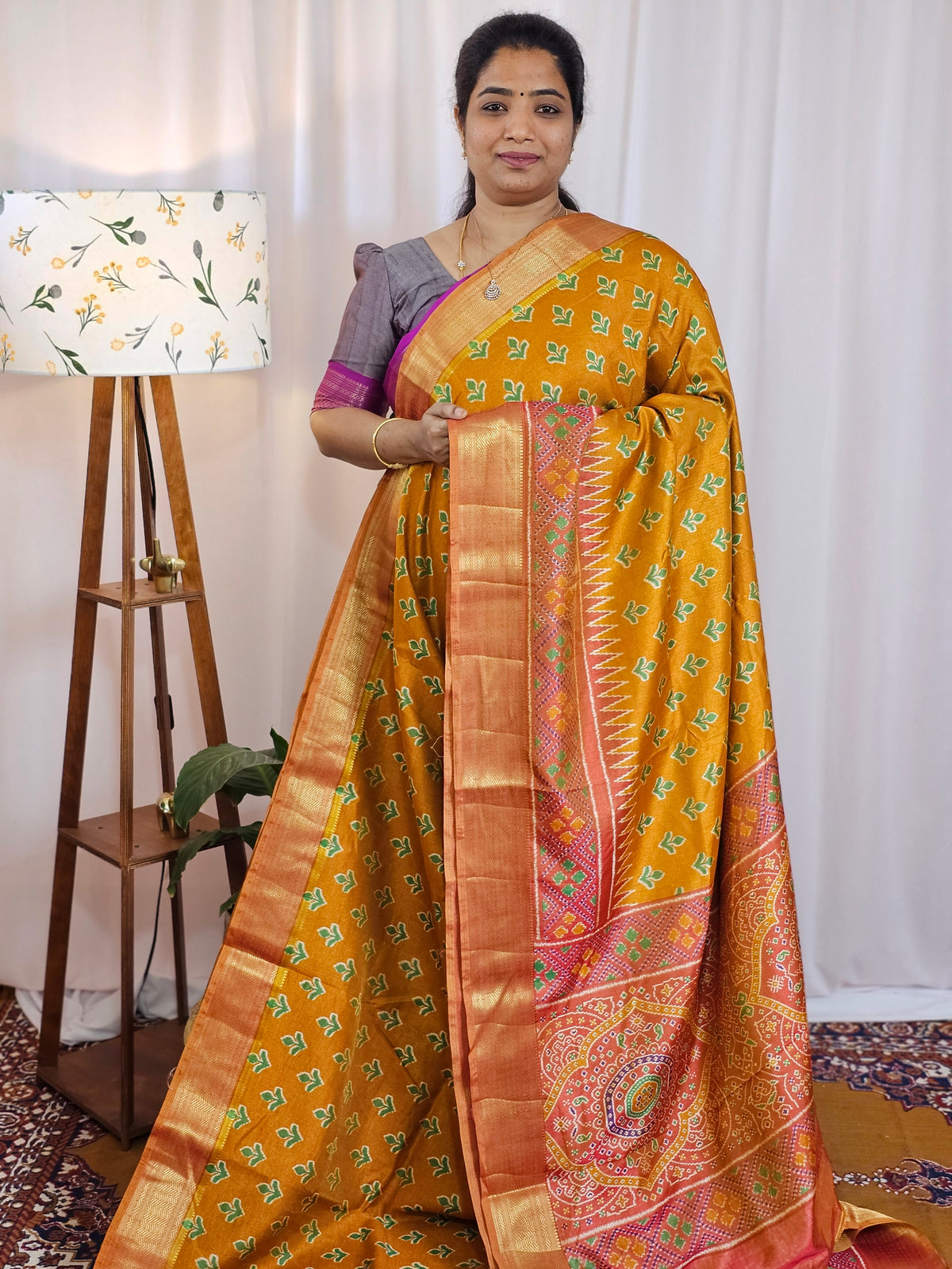 Soft Semi Patola Sarees - Mustard with Orange
