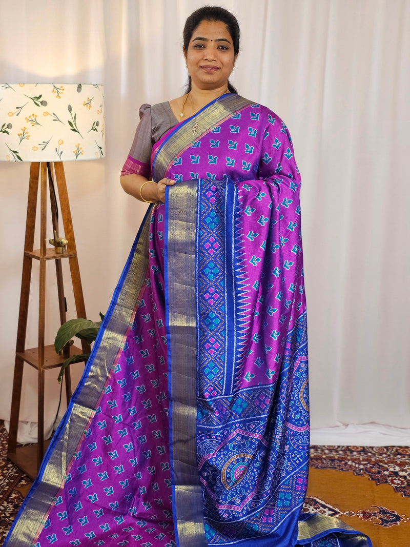 Soft Semi Patola Sarees - Magenta Pink with Blue