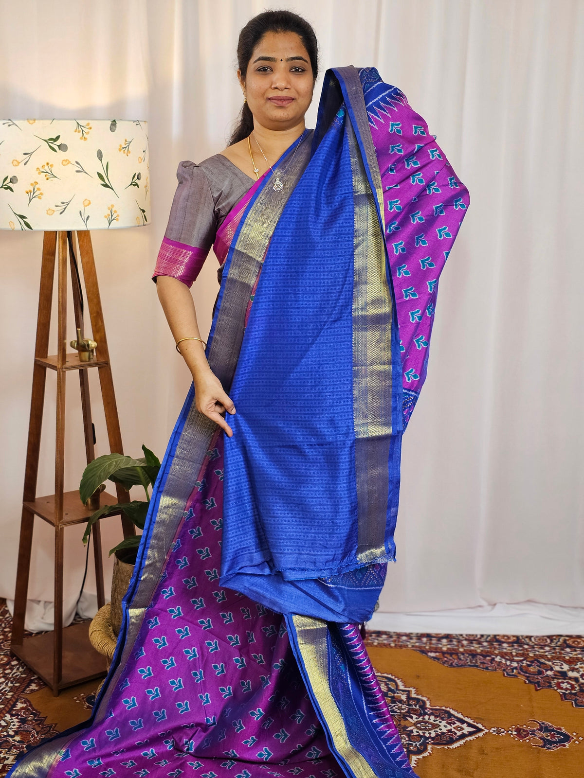 Soft Semi Patola Sarees - Magenta Pink with Blue