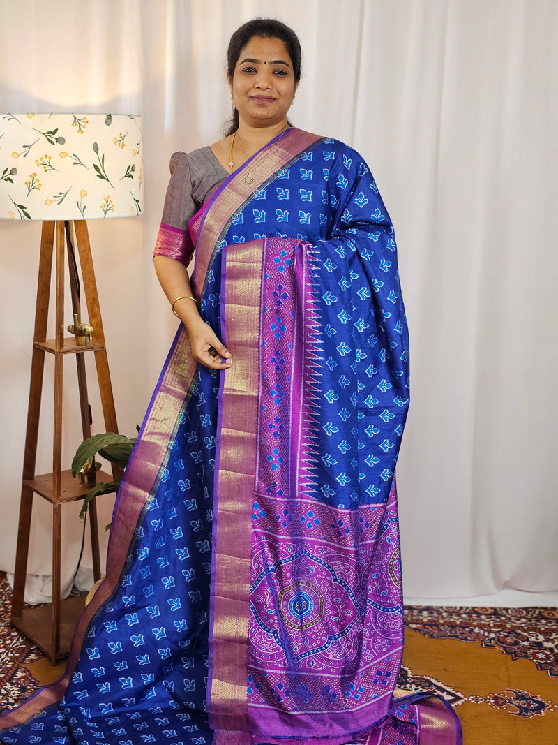 Soft Semi Patola Sarees - Blue with Magenta Pink
