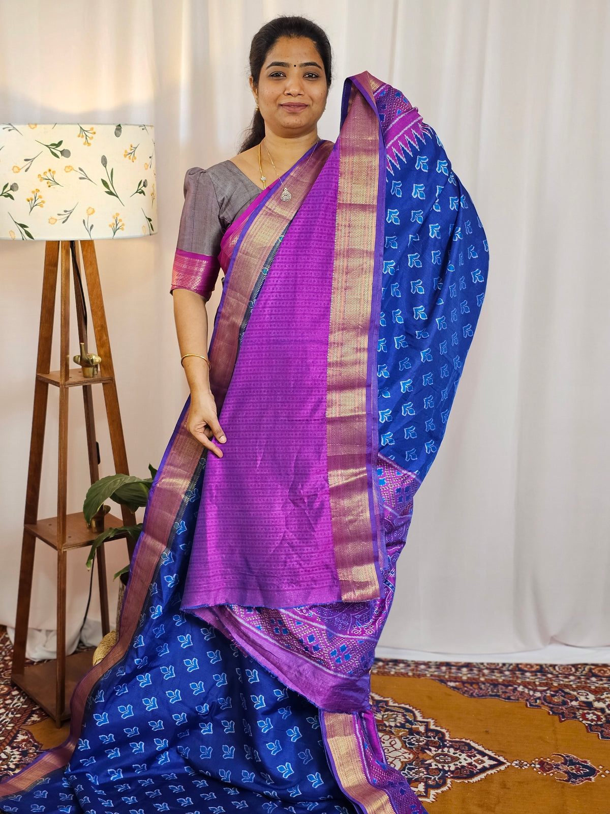 Soft Semi Patola Sarees - Blue with Magenta Pink