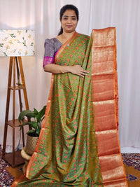 Soft Semi Patola Sarees - Green with Rust Orange