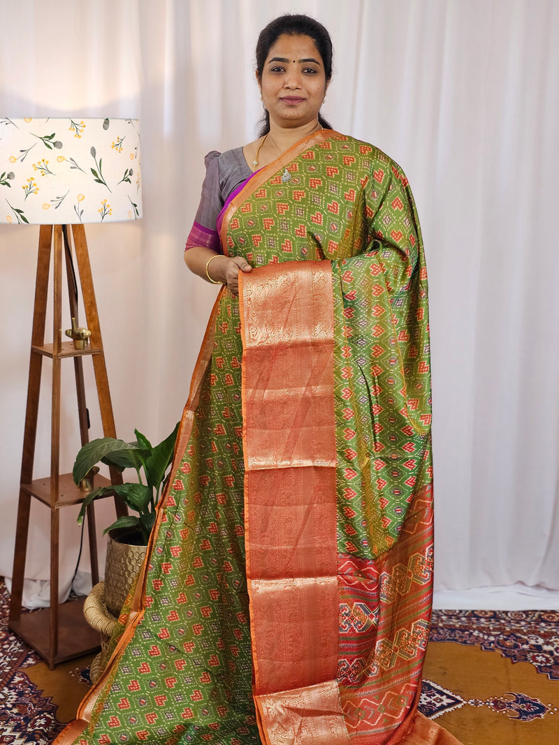 Soft Semi Patola Sarees - Green with Rust Orange