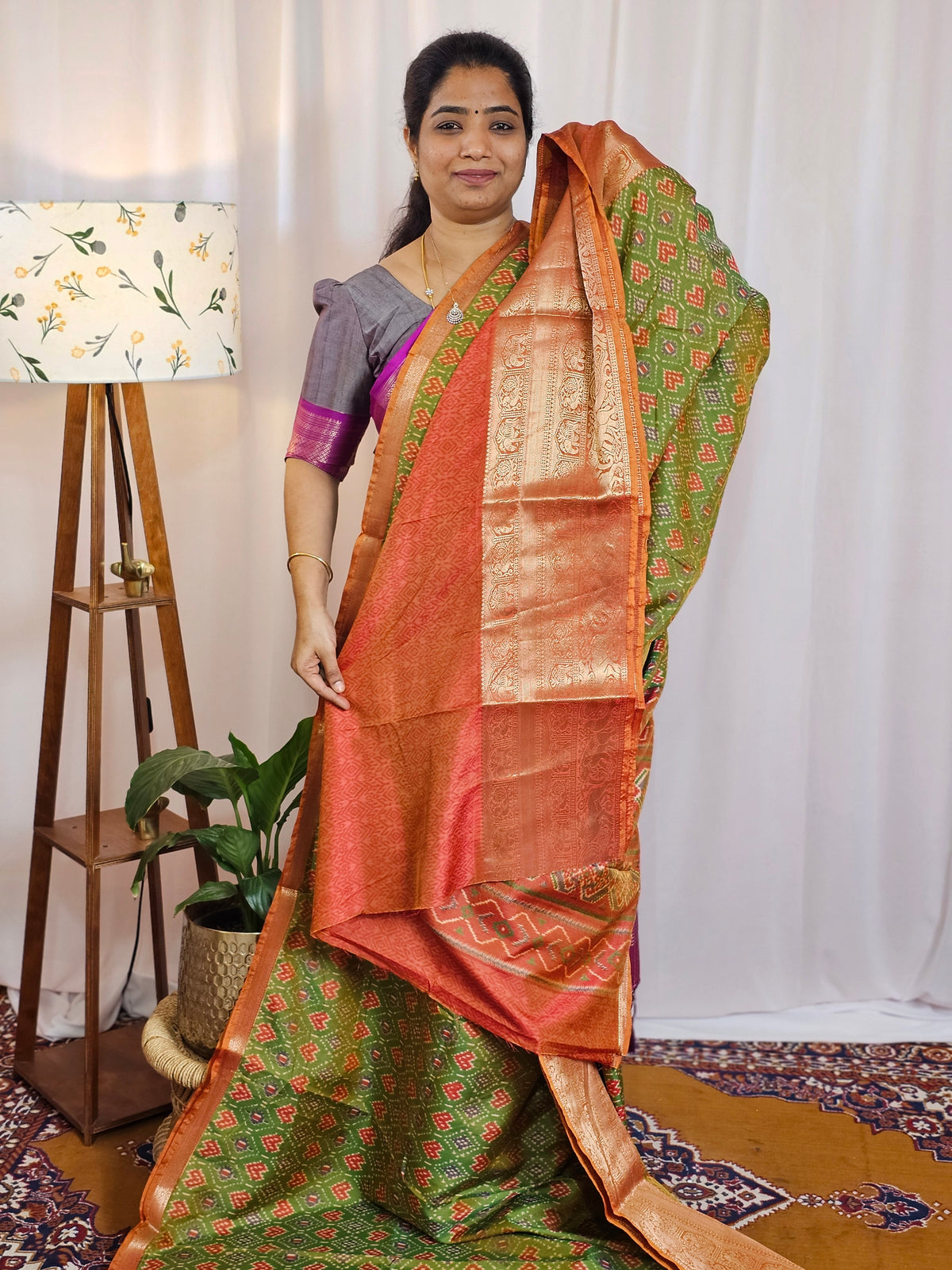 Soft Semi Patola Sarees - Green with Rust Orange