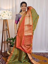 Soft Semi Patola Sarees - Green with Rust Orange